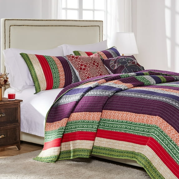 Greenland Home Fashions Marley 100% Cotton Mult-Fabric Stripe Bohemian Quilt Set Carnival Queen, Full, Full - Queen Adult, Teen & Dorm Cotton Solid