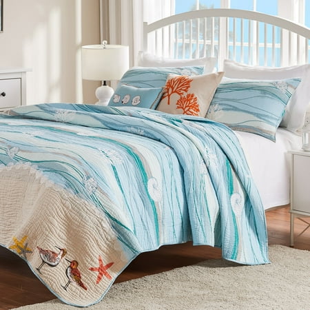 Greenland Home Fashions Maui Coastal Cotton Quilt Set w/ Bonus Pillows, 4-Piece Twin