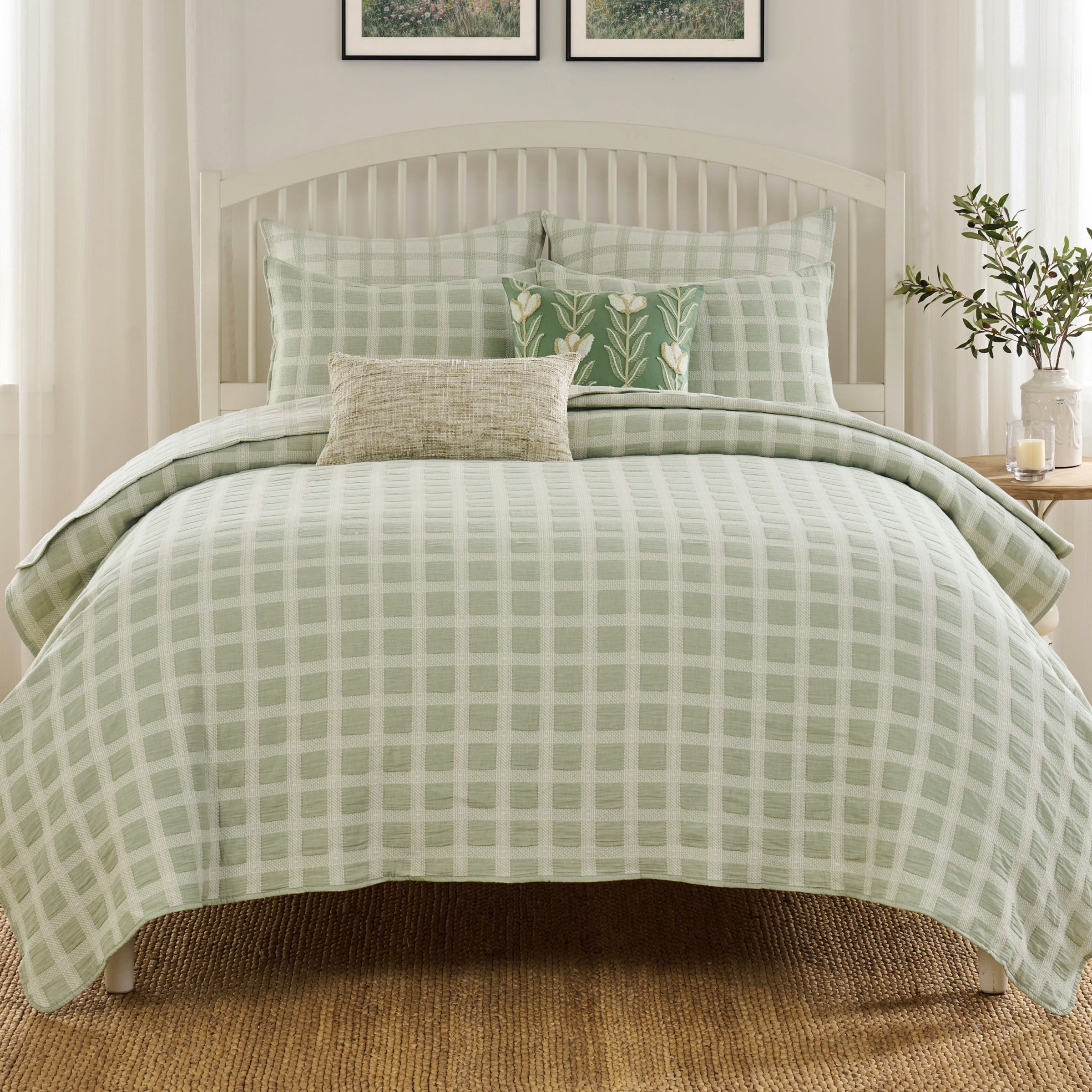 Greenland Home Fashions Millhouse 100% Cotton Lightweight Reversible Coverlet Set, 3-Piece Full/Queen, Adult, Sage