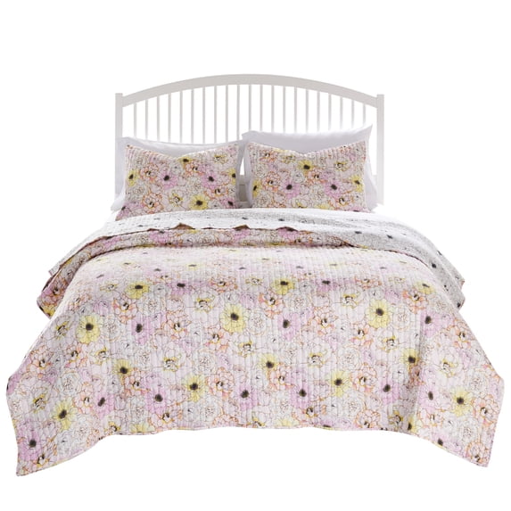 Greenland Home Fashions Misty Bloom Floral Fusion Reversible Quilt Set, 3-Piece Full/Queen