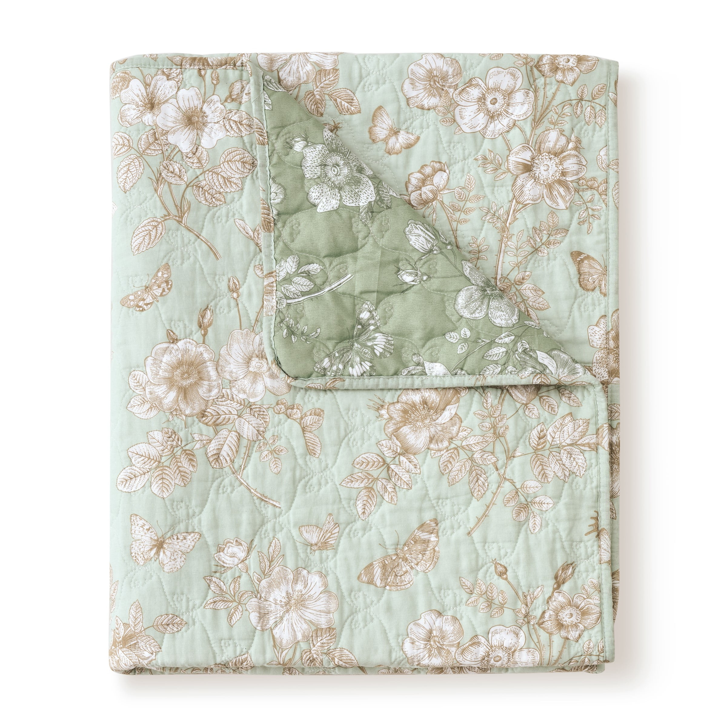 Olivia Mint Green Floral Cotton Reversible Throw Blanket