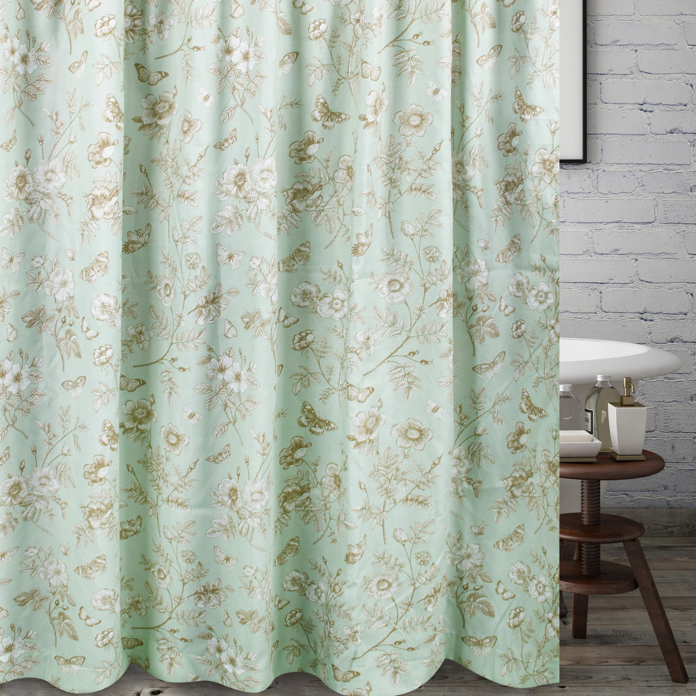 Mint Green Floral Butterfly Garden Fabric Shower Curtain, 72" x 72"