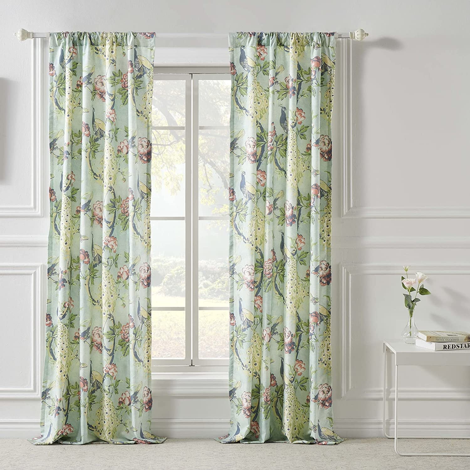 Pavona Blue Floral Light-Filtering Polyester Curtain Panels