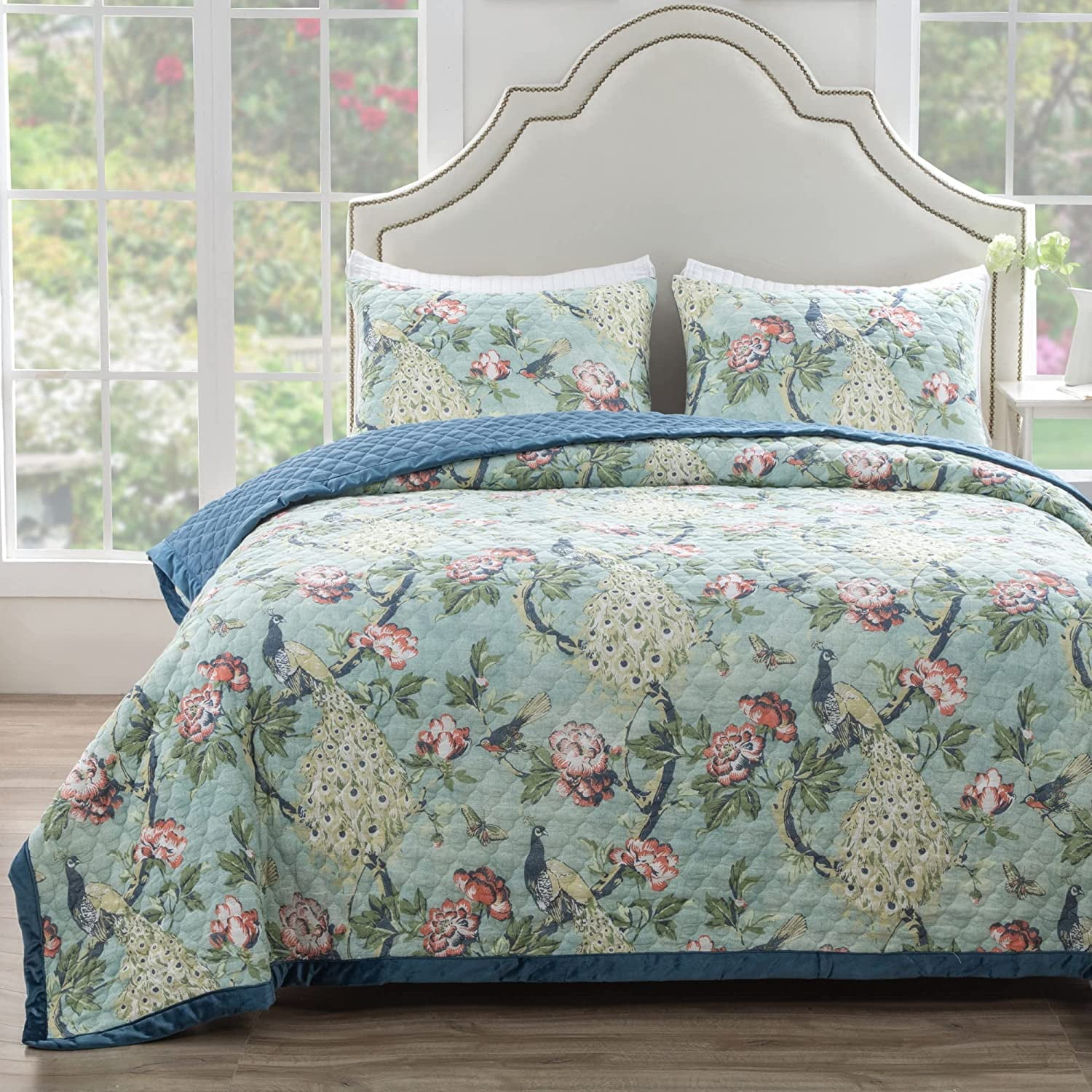 King Blue Reversible Microfiber Quilt Set with Edge Embellishment
