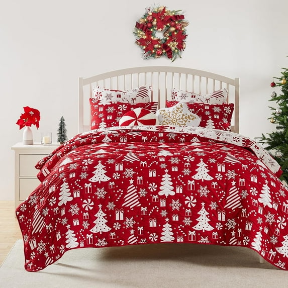 Greenland Home Fashions Novelty Holiday Peppermint Party Reversible Coverlet Set, 3-Piece Full/Queen