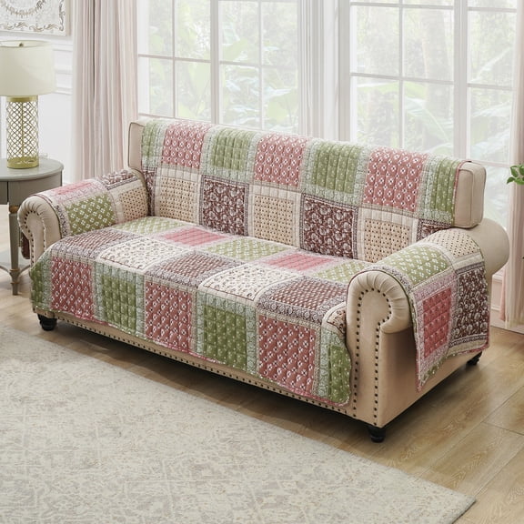 Greenland Home Fashions Priya Reversible Patchwork Print Slipcover - Furniture Protector, Sofa, for Teens and Adults