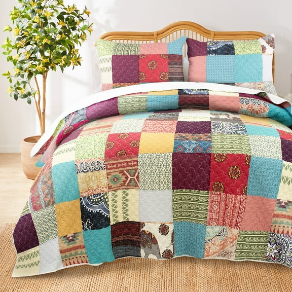 Greenland Home Fashions Renee Upcycle Remnant Fabric Authentic Patchwork Quilt Set, 3-Piece King