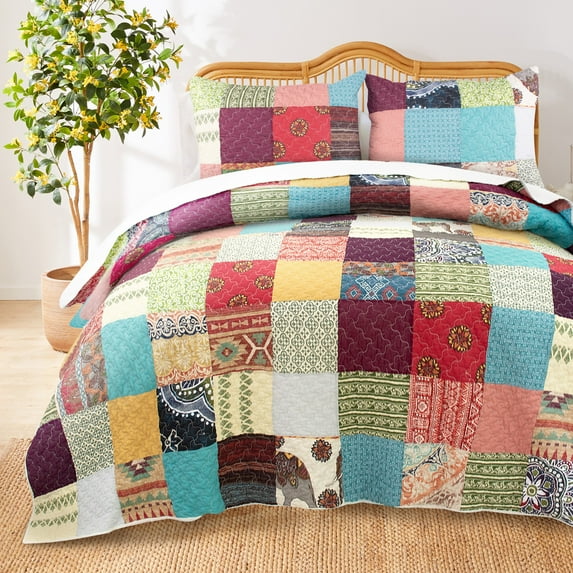 Greenland Home Fashions Renee Upcycle Remnant Fabric Authentic Patchwork Quilt Set, 3-Piece King