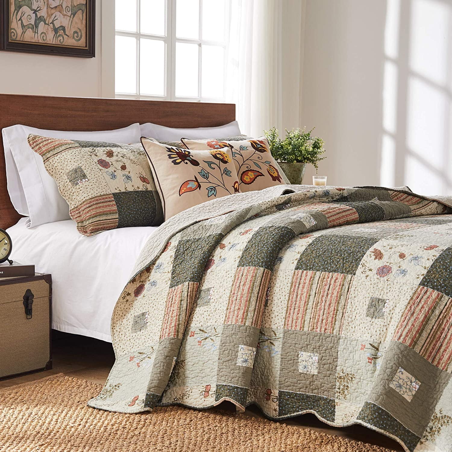 Gray and Beige Cotton Twin Quilt Set with Floral Embroidery