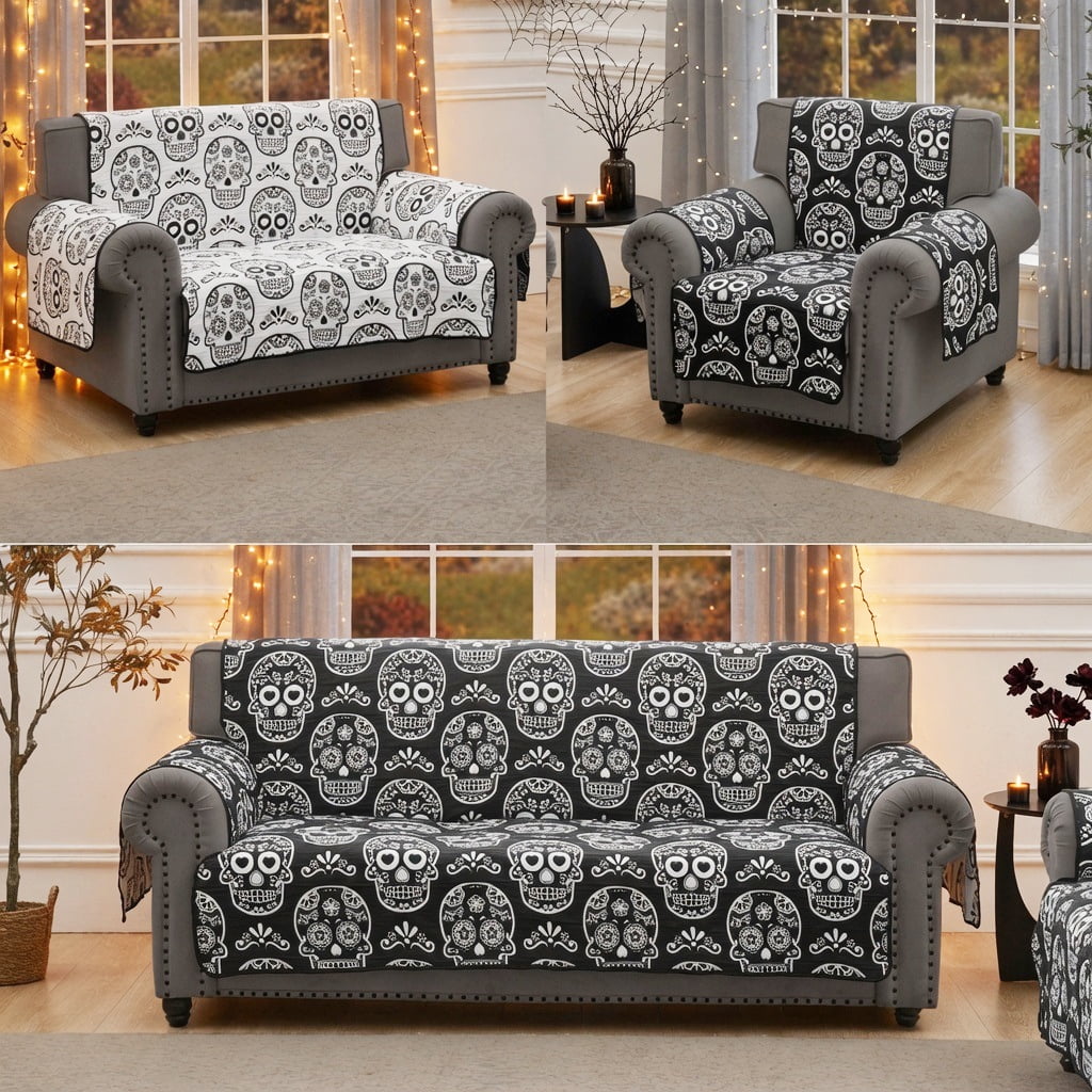 Greenland Home Fashions Sugar Skull Jacqard Woven Print Reversible Slipcover/Furniture Protector, Loveseat