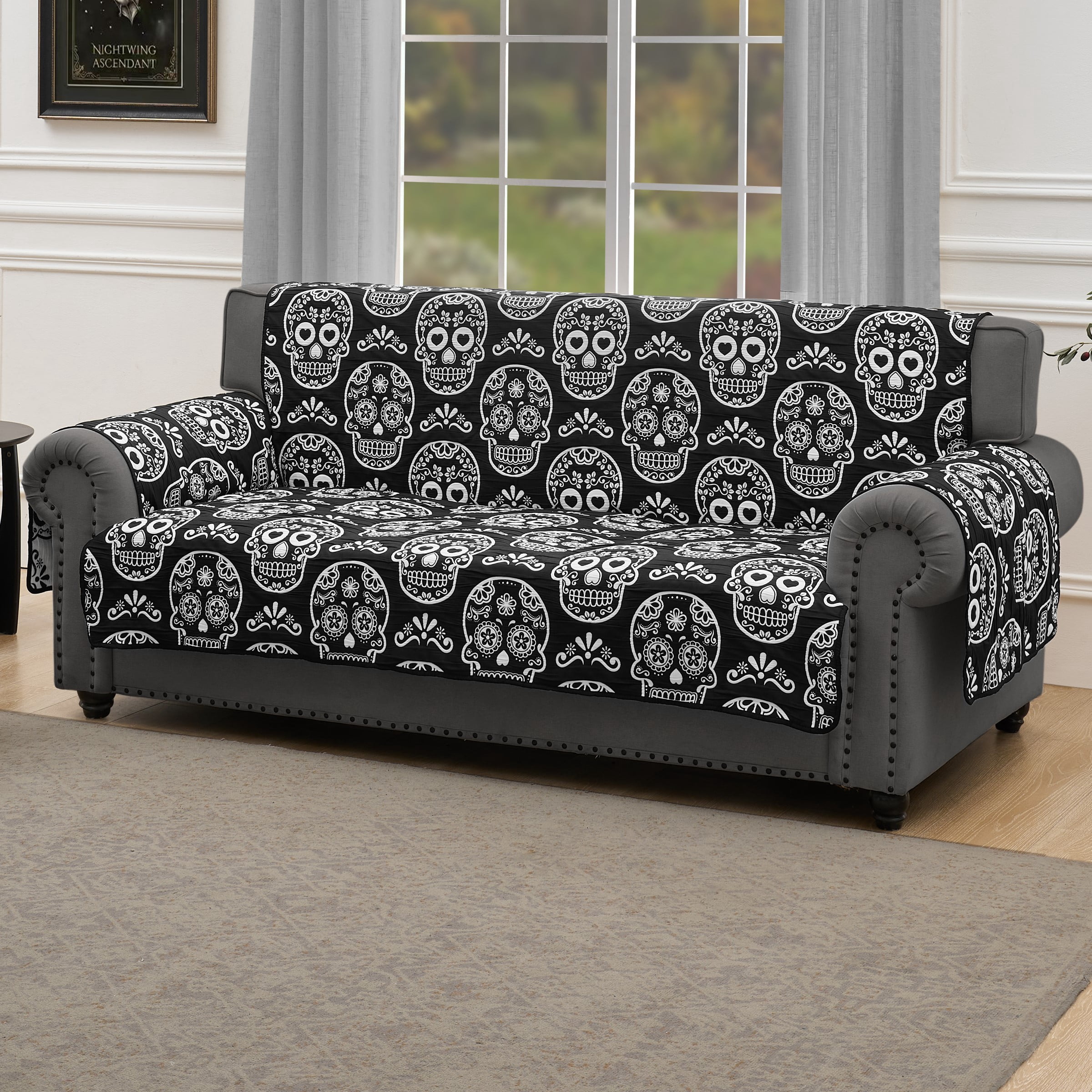 Greenland Home Fashions Sugar Skull Jacqard Woven Print Reversible Slipcover/Furniture Protector, Sofa