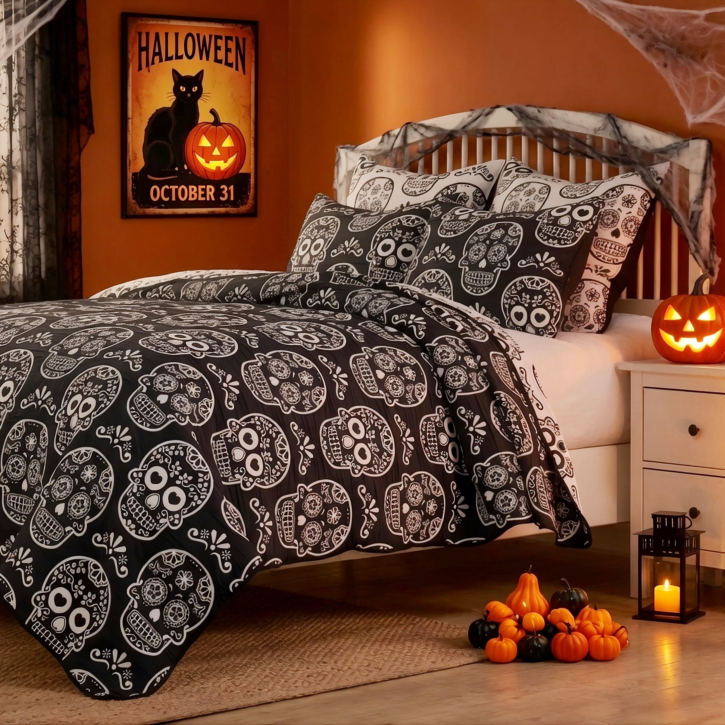 Greenland Home Fashions Novelty Halloween Sugar Skull Reversible Coverlet Set, Teens-Adults, Twin-XL