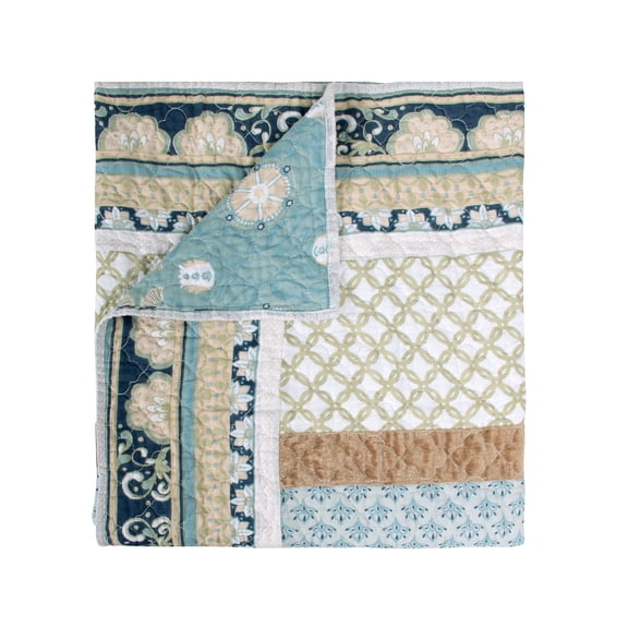 Greenland Home Fashions Thalia 100% Cotton Throw Blanket, Reversible, Velvet Embellished, 50 W x 60 L inches, Blue