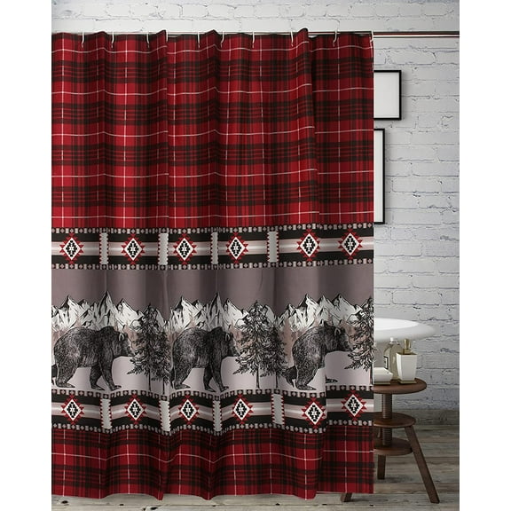 Greenland Home Fashions Timberline Red/Gray/Black Checked/Black Bear/Mountain Microfiber Polyester Shower Curtain, 72" x 72"