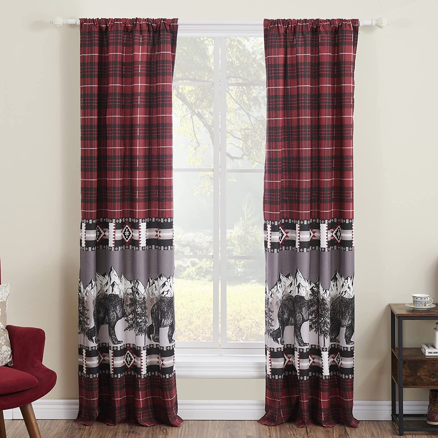 Timberline Red and Black Plaid Polyester Rod Pocket Curtains