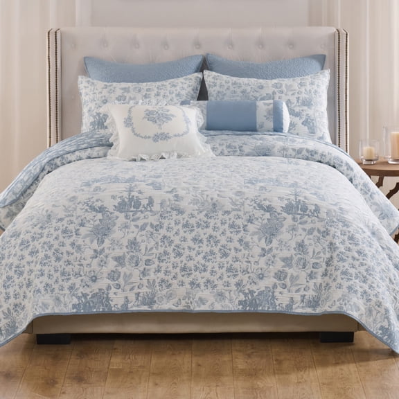 Greenland Home Fashions Patchwork Toile Blue Reversible Jacquard Woven Coverlet Set, Adult, 2-Piece Twin/XL