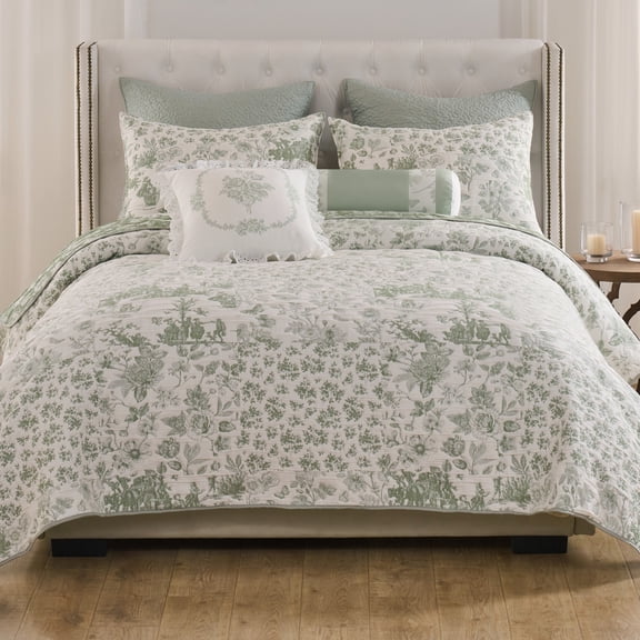 Greenland Home Fashions Patchwork Toile Sage Reversible Jacquard Woven Coverlet Set, Adult, 2-Piece Twin/XL