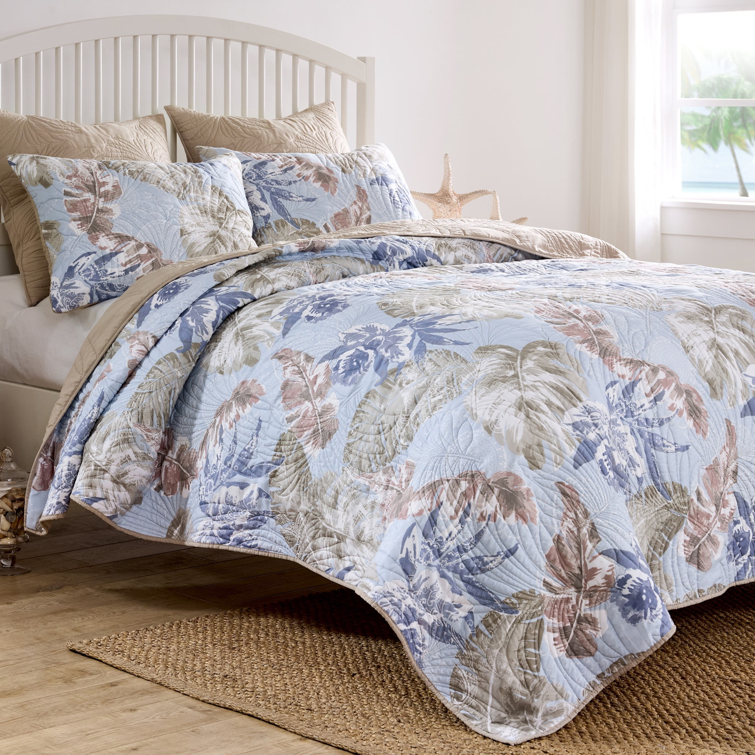 Mist Blue and Khaki Reversible Microfiber Full Quilt Set