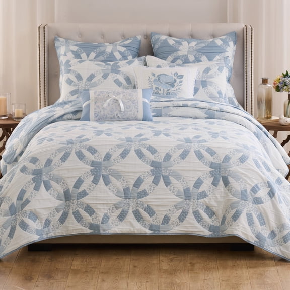 Greenland Home Fashions Wedding Ring Reversible Blue Coverlet Set, Adult, 3-Piece Full/Queen