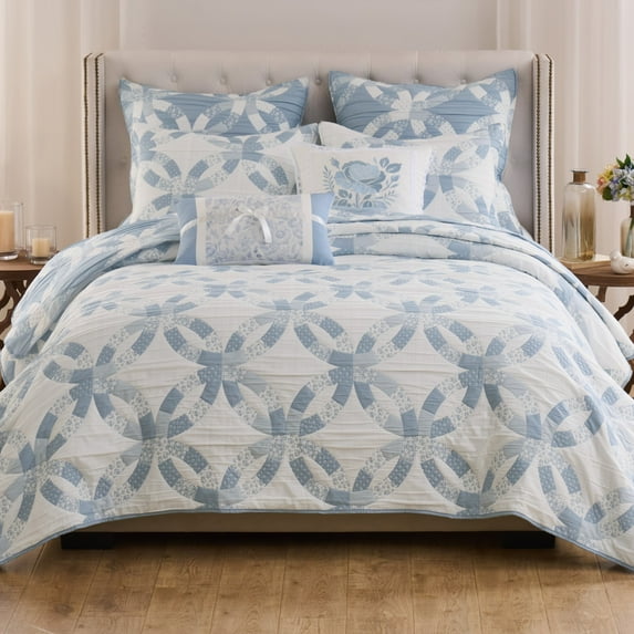 Greenland Home Fashions Wedding Ring Reversible Blue Coverlet Set, Adult, 3-Piece King/Cal King