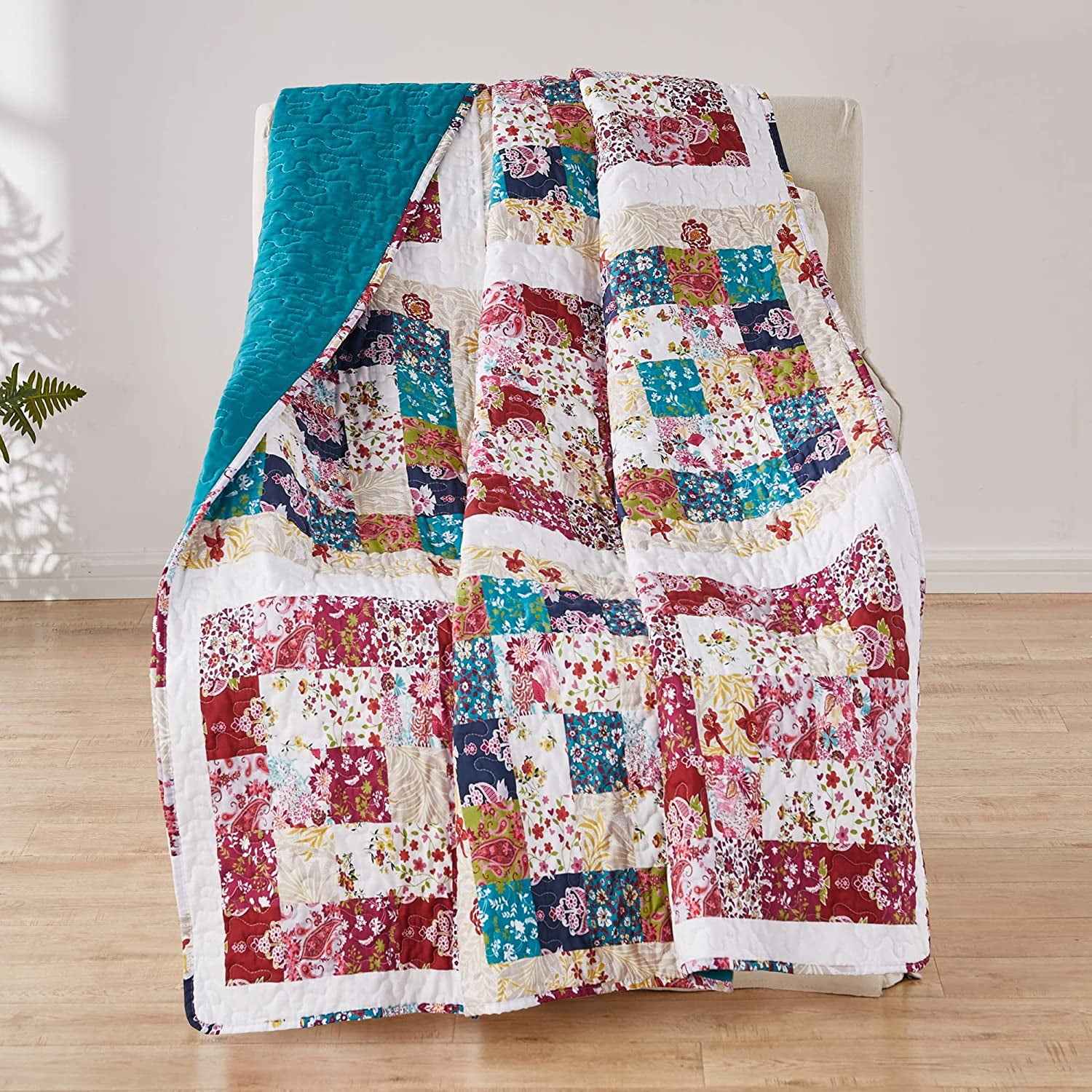 Teal and Gold Cotton Reversible Throw Pillow