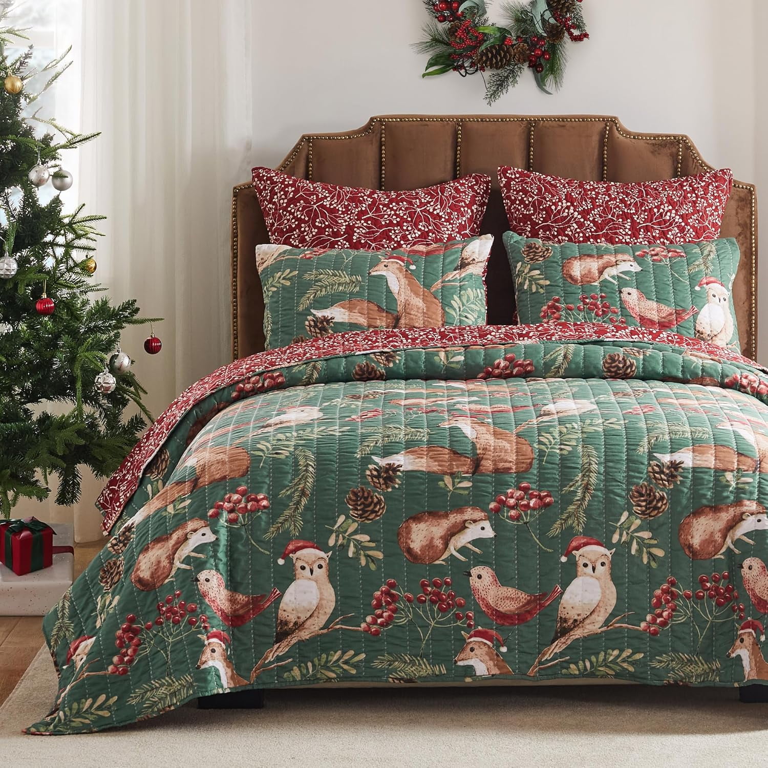 Greenland Home Fashions Willow Woodlands Reversible Quilt Set, Holiday, 3-Piece Full/Queen