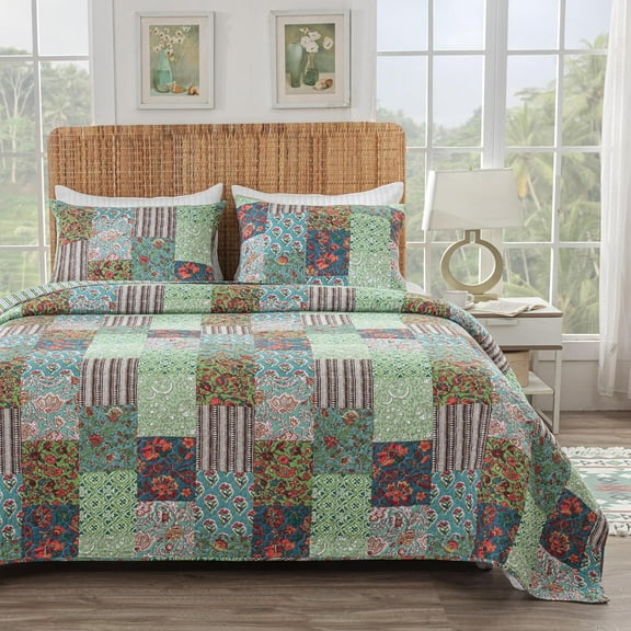 Greenland Home Jasmin - Vintage Boho - Cotton-Rich Quilt Set, Jade, 3-Piece King/Cal King