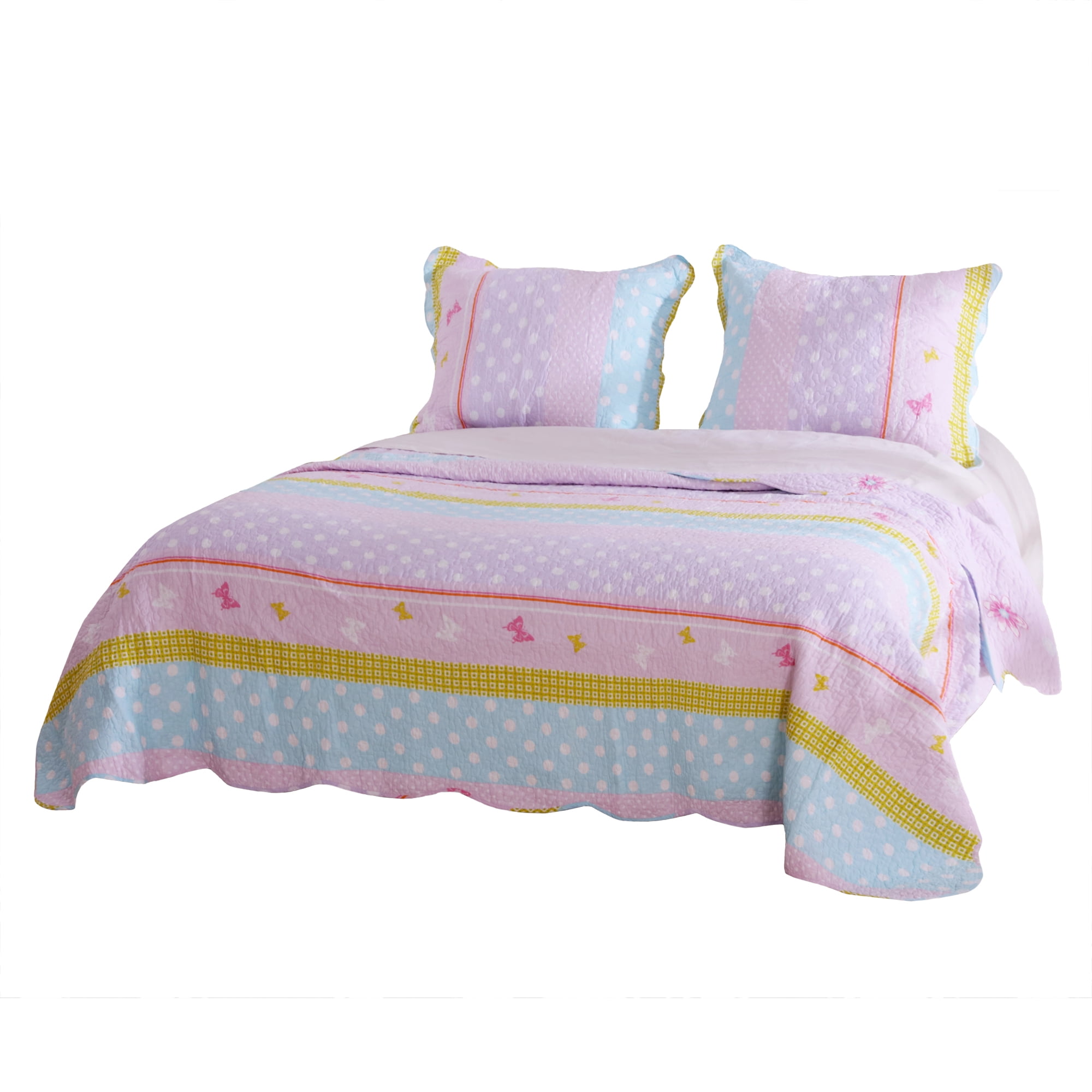Full/Queen Multicolor Cotton Reversible Quilt Set with Polka Dots and Butterflies
