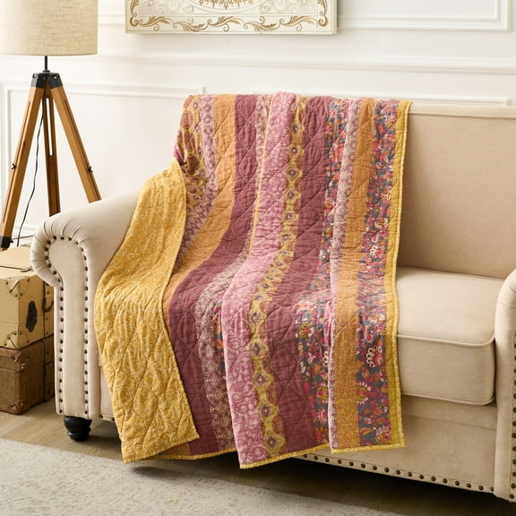 Greenland Home Marigold Patchwork Watercolor Floral Cotton Blend Throw Blanket, 50" x 60"