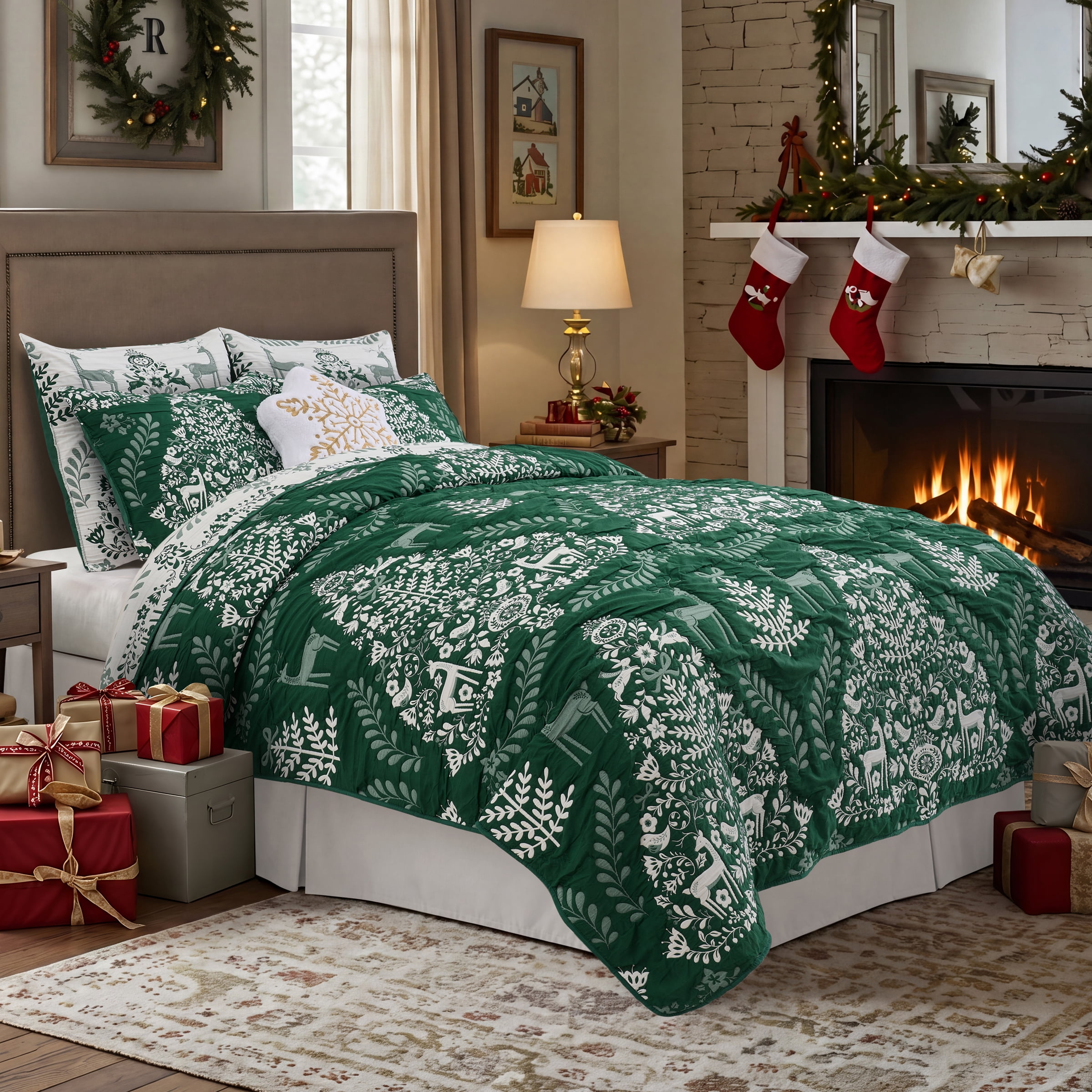 Greenland Home Noella Green Holiday Reversible Coverlet Set, 2-Piece Twin, for Adults