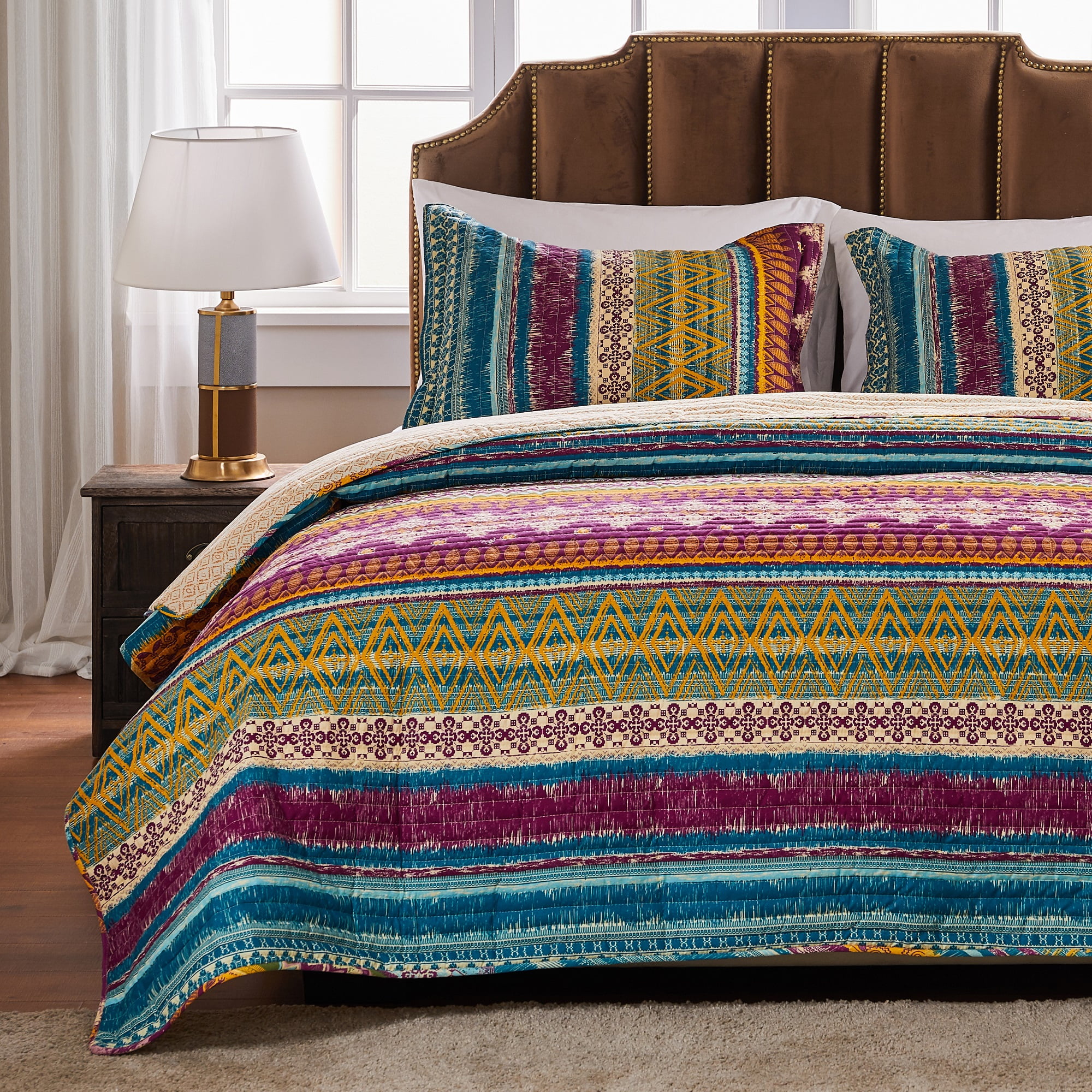 King Pink Cotton Reversible Boho-Chic Quilt Set