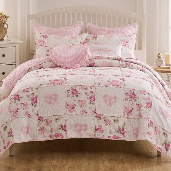 Greenland Home Veronica's Hearts Shabby Chic Ruffled Quilt Set, Teen-Adult, 3-Piece Full/Queen