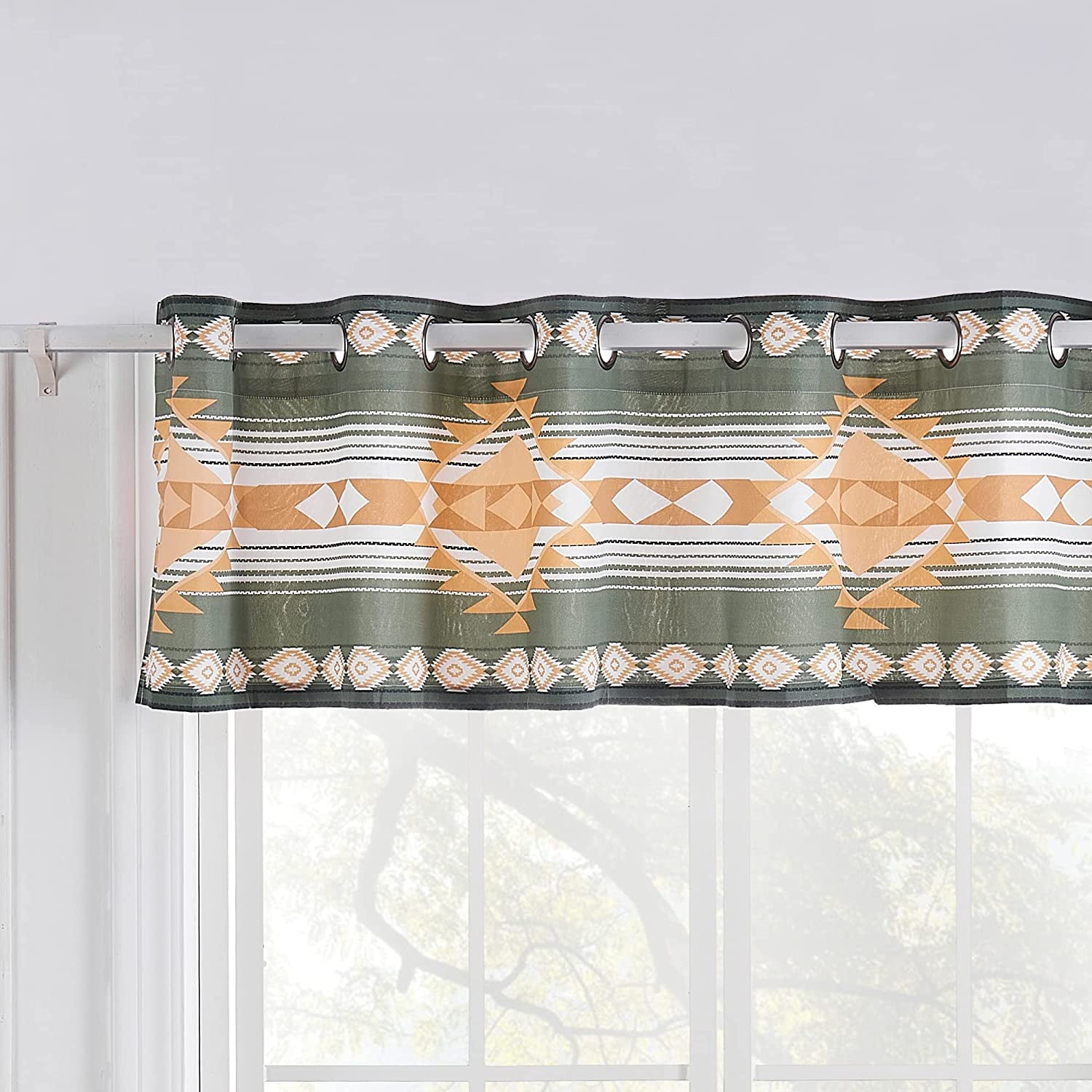 Southwest Geometric Desert Gold and Cactus Green Rod Pocket Valance