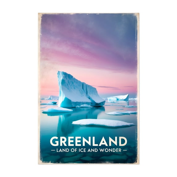 Greenland Vintage Travel Poster – Land of Icebergs and Wonders - Greenland Illustration Travel Poster Landscape Vintage Winter Nature Scenic Unframed Wall Art Print 5 x 7 inches