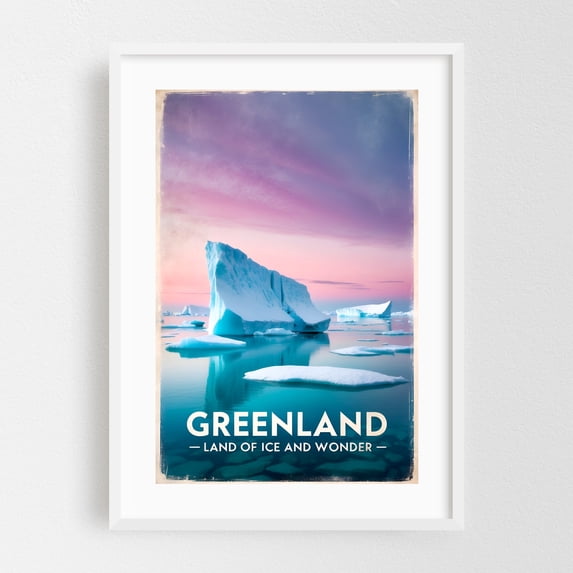 Greenland Vintage Travel Poster – Land of Icebergs and Wonders - Greenland Illustration Travel Poster Landscape Vintage Winter Nature Scenic White Framed Wall Art Print 16 x 24 inches