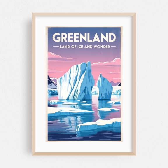 Greenland Vintage Travel Poster – Land of Icebergs and Wonders - Greenland Illustration Travel Poster Vintage Poster Landscape Scenic Retro Winter Oak Framed Wall Art Print 24 x 36 inches