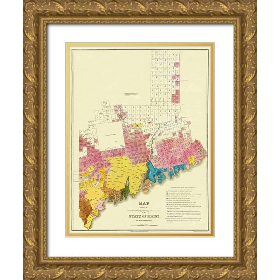 Greenleaf 25x32 Gold Ornate Wood Framed with Double Matting Museum Art Print Titled - State of Maine Landowner  1st Edition- 1829