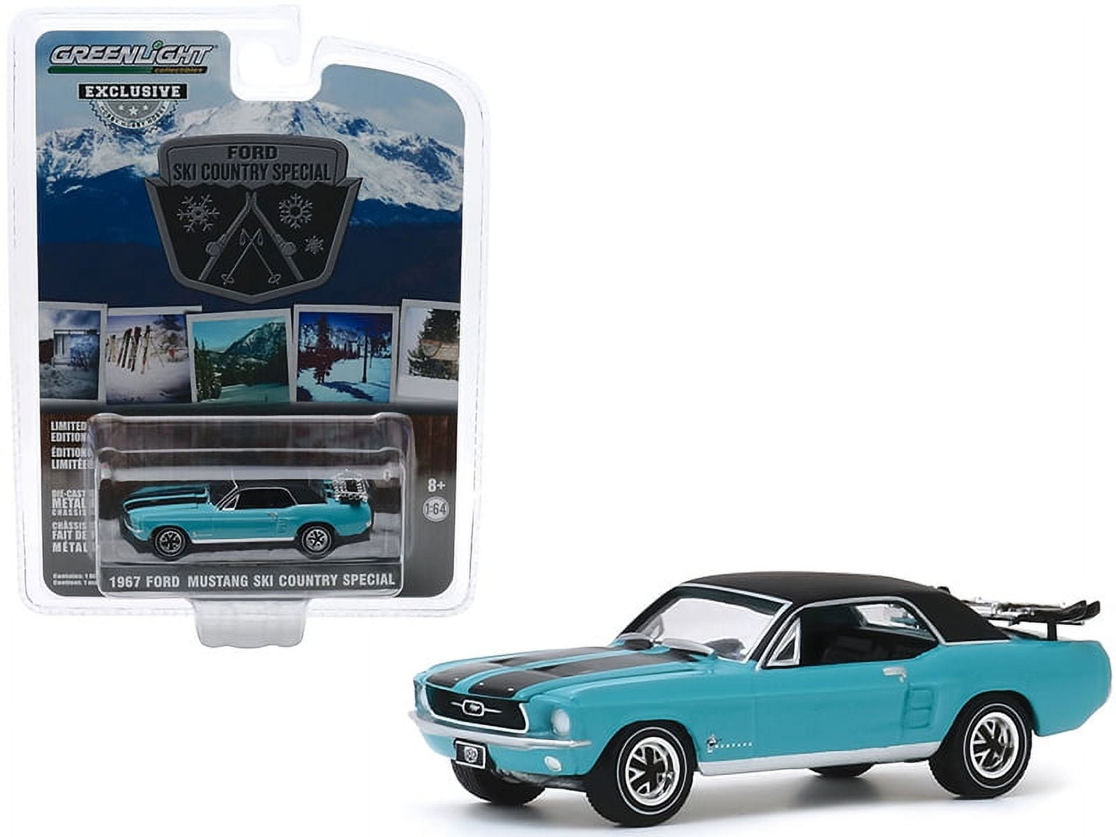 1967 Ford Mustang Coupe Winter Park Turquoise with Black Stripes and Black Top and a Pair of Skis \Ski Country Special\ \"Hobby Exclusive\" 1/64 Diecast Model Car by Greenlight"""
