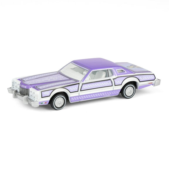 1973 Ford Thunderbird Lowrider Purple Metallic with Graphics and White Interior 1/64 Diecast Model Car by Greenlight