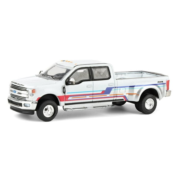 Greenlight 1/64 2019 Ford F-350 Lariat Dually Pickup Truck, White with Custom Stripes, Dually Drivers Series 16 46160-D