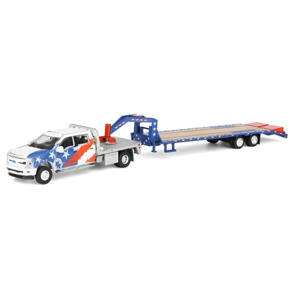 Greenlight 1/64 2020 Ford F-450 Dually Flatbed Pickup Truck with Gooseneck Flatbed Trailer, USA 250 Tribute, Outback Toys Exclusive Limited to 1776, 51743-B