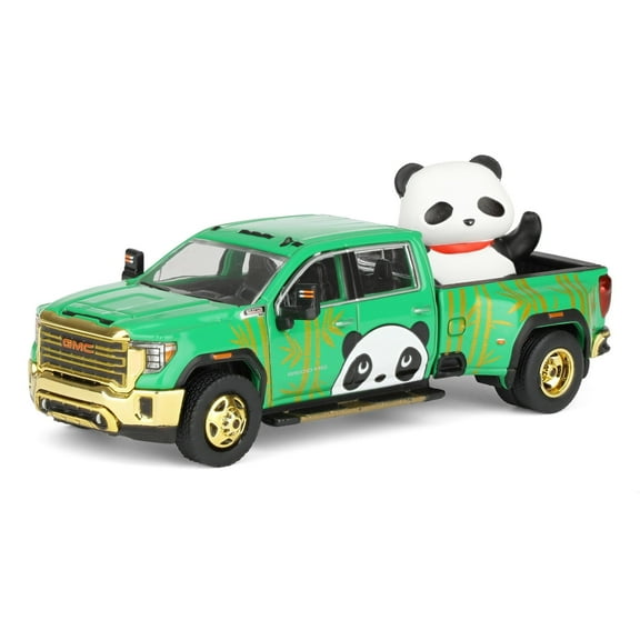 Greenlight 1/64 2022 GMC Sierra 3500 HD Denali Dually Pickup Truck with Beijing Panda, Green, 2025 Waltersons Product Expo Exclusive 1352003-A