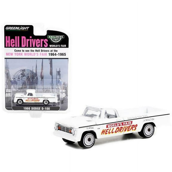 1966 Dodge D-100 Pickup Truck White "Hell Drivers" "New York Worlds Fair" (1964-1965) "Hobby Exclusive" 1/64 Diecast Model Car by Greenlight