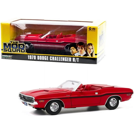 Greenlight 13565 1970 Dodge Challenger R & T Convertible Rallye Red with Red Interior & Black Stripes The Mod Squad 1968-1973 TV Series 1 by 18 Diecast Model Car