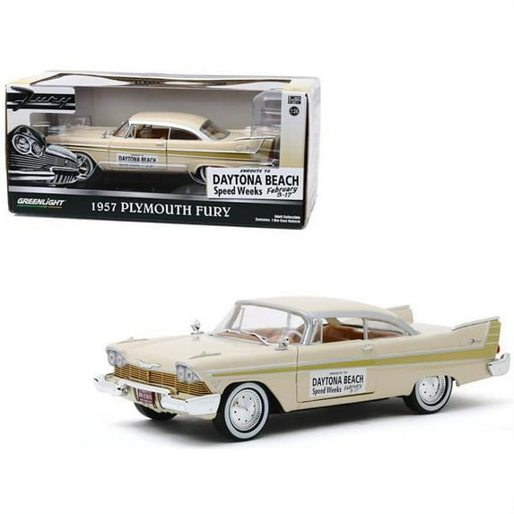 Greenlight 18257 1957 Plymouth Fury Cream with Gold Stripes Daytona Beach Speed Weeks February 3-17