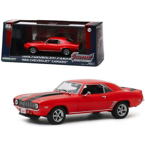 Greenlight 86342 1969 Chevrolet Camaro Red with Black Stripes Summit Racing Equipment Since 1968 1-43 Diecast Model Car