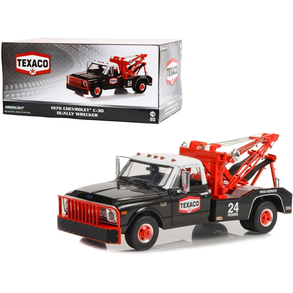 1970 Chevrolet C-30 Dually Wrecker Tow Truck "Texaco 24 Hr Road Service" Black w/White Top 1/18 Diecast Model Car by Greenlight