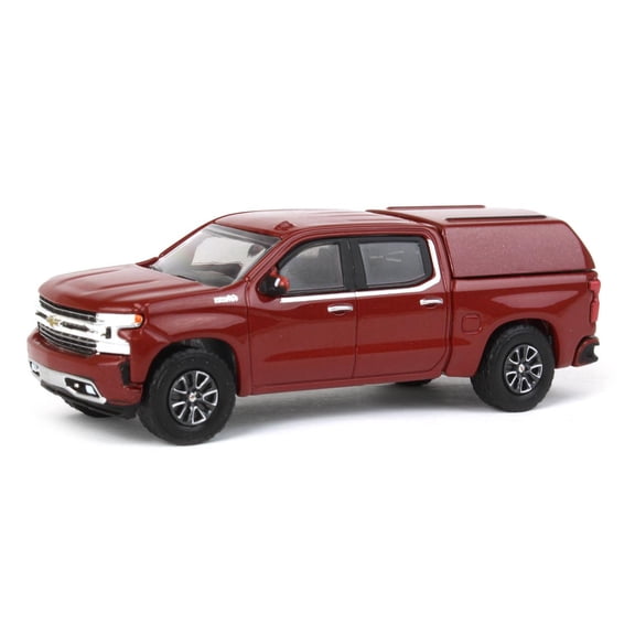 Greenlight 1/64 2022 Chevrolet Silverado LTD High Country with Camper Shell, Cherry Red, Showroom Floor Series 2 68020-C