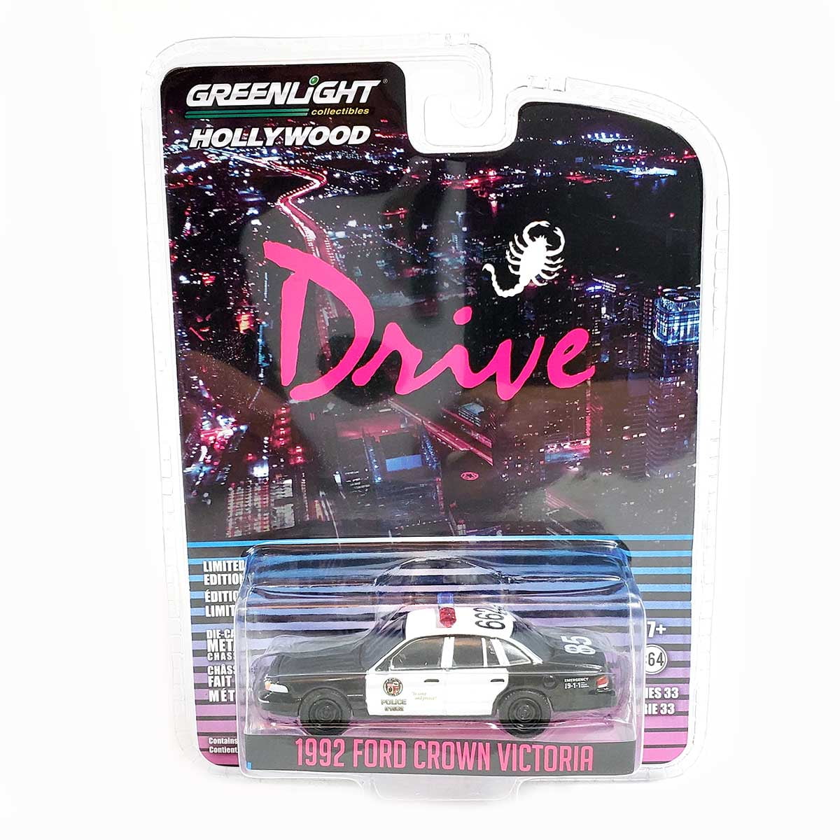 Greenlight Hollywood Series 33: "Drive" 1992 Ford Crown Victoria Police (Black/White) 1/64 Scale