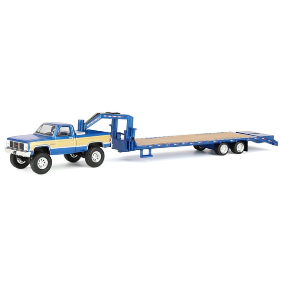 Greenlight1/64 1987 Lifted GMC K2500 Pickup Truck with Toolbox & Gooseneck Flatbed Trailer, Blue & Gold 51653-A